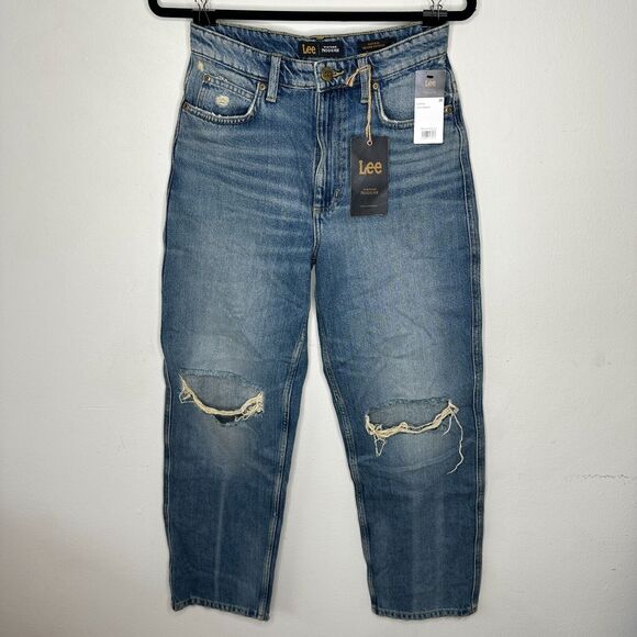 NWT Lee Vintage Medium Blue Wash High Rise Relaxed Stovepipe Distressed Jeans 28 - Picture 3 of 16